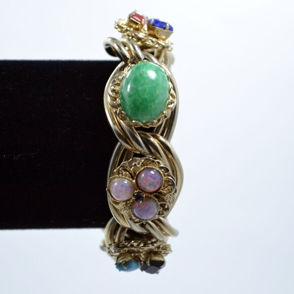 Vintage Gold Tone Bracelet Natural Stones Rope Design Clasp 1950s Statement - Picture 4 of 8